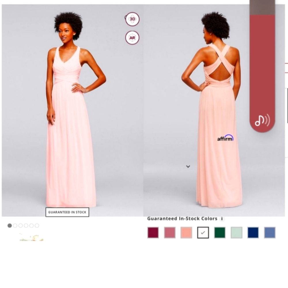 David’s Bridal Mesh Long Bridesmaid Dress with Crisscross back W10974Petal nwt